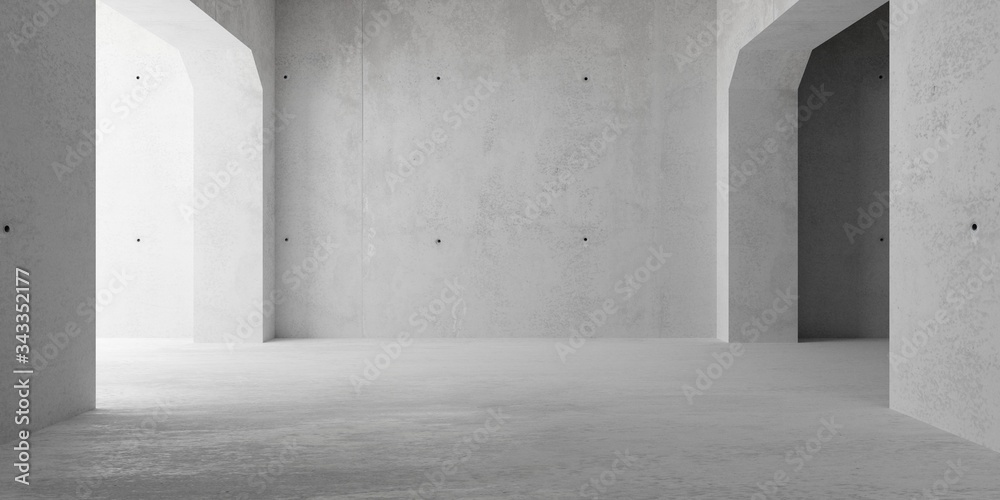 Abstract empty, modern concrete walls room with archways and indirekt light from the left and rough floor - industrial interior background template Abstract empty, modern concrete walls room with archways and indirekt light from the left and rough floor - industrial interior background template