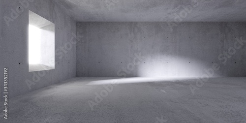 Abstract empty, modern concrete room with indirect lighting from side wall window and sun shadow - industrial interior background template, 3D illustration