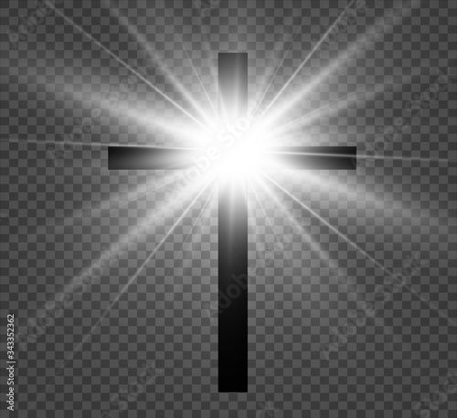 
Religious symbol of Christianity. Cross of Christ on a transparent background with bright light.