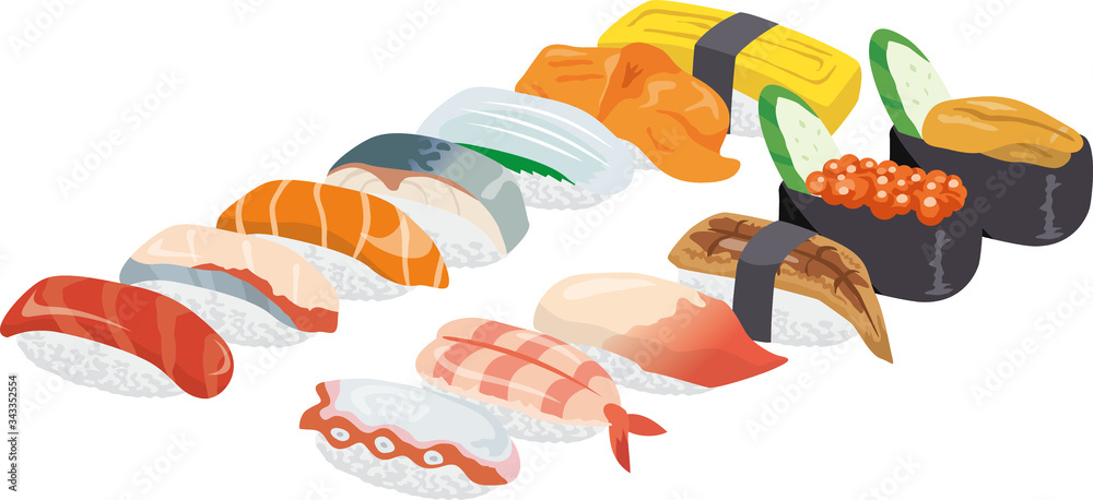 Naklejka premium 寿司が並んでいるイメージイラスト