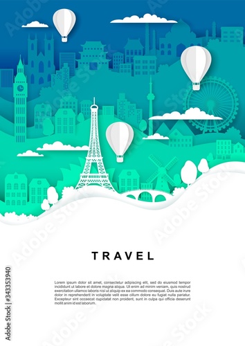 Travel poster, banner template, vector illustration in paper art style