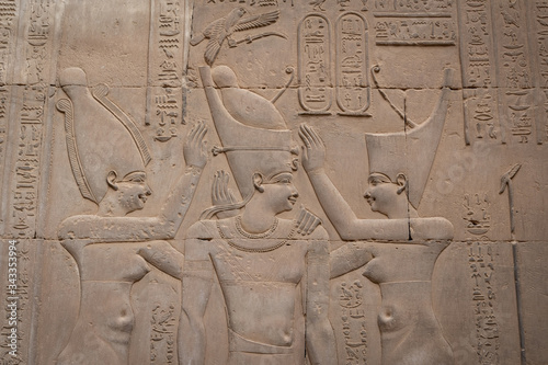 Egyptian Pharaon coronation with the double crown in Kom Ombo temple, Egypt