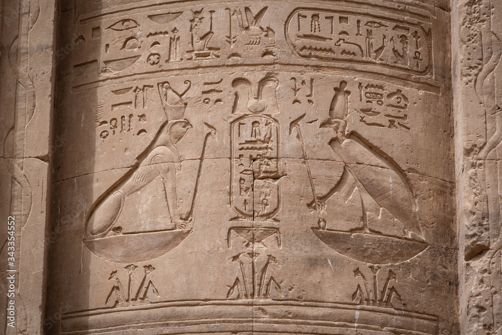 Hieroglyphs and egyptian gods in Edfu Temple, Egypt