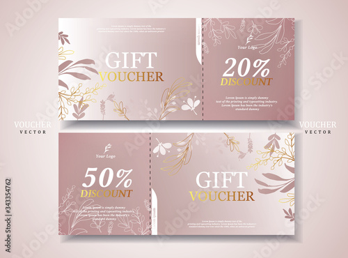 Vector gift voucher template with Rose gold , Mini flowers. Business floral card template. Abstract background. Concept for boutique, floral shop, beauty salon, spa, fashion, flyer, banner design.