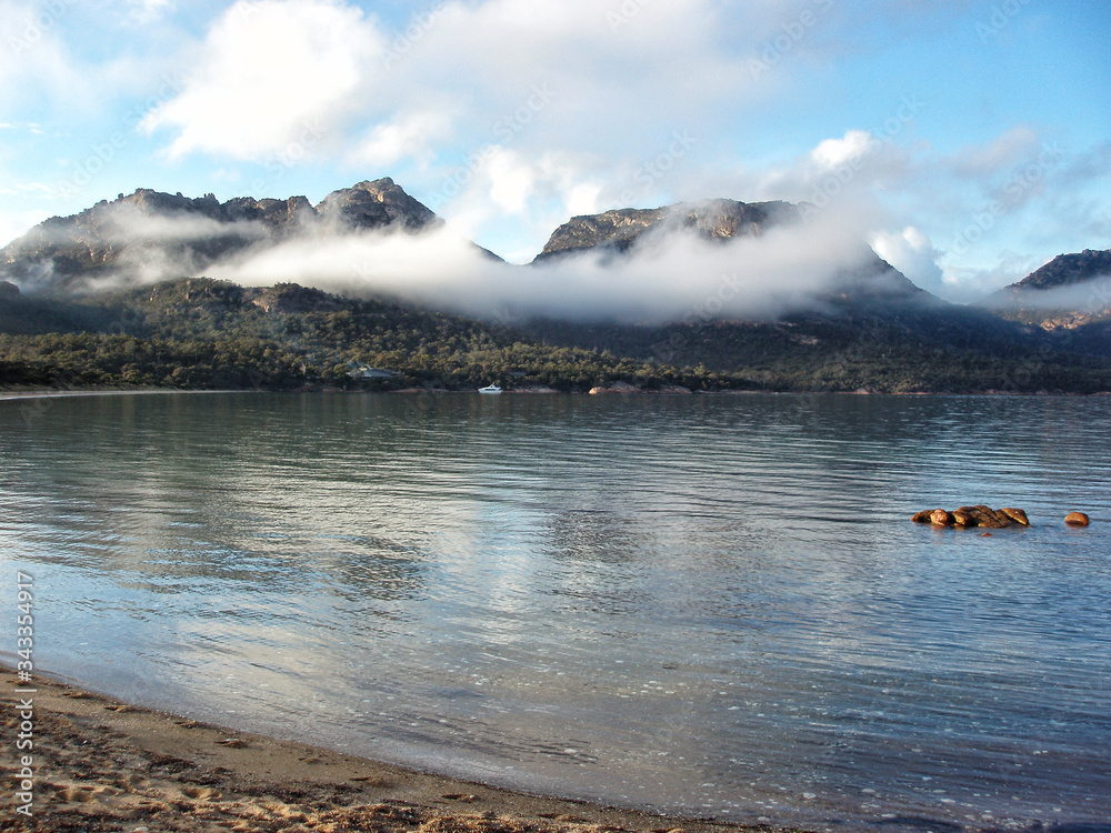 View of The Hazards mountain range across Coles Bay View of The Hazards mountain range across Coles Bay