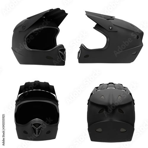 Set of Motor Sport FullFace Helmet Isolated. All side view. Extreme Sport equipment. Black matte color. 3D render Illustration Isolated on white background. photo