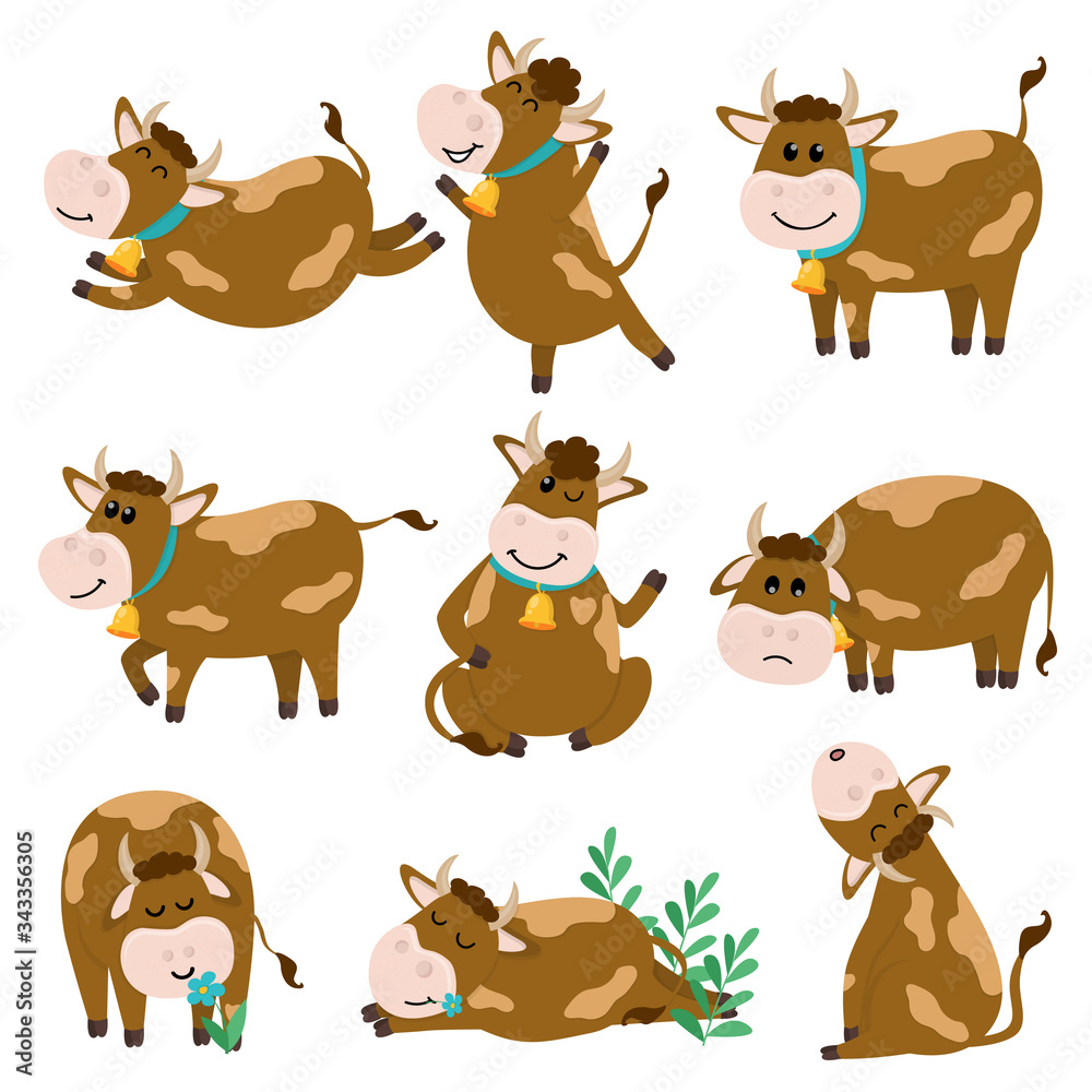 Set of cute Bulls character in various positions