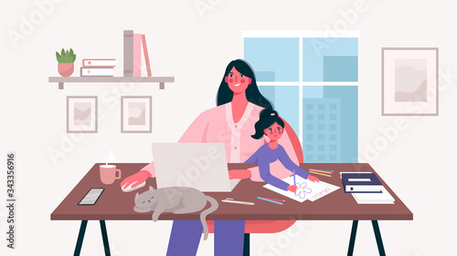 Cute happy mother sits with a baby and works at a laptop. Home office. Mother freelancer, remote work and raising a child at workplace. Maternity and career. Flat cartoon vector illustration.