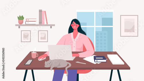 Woman working at her desk with laptop. Home office. Freelance or studying concept. Daily life of freelance worker, everyday routine. Remote worker. Cute illustration in flat cartoon style.