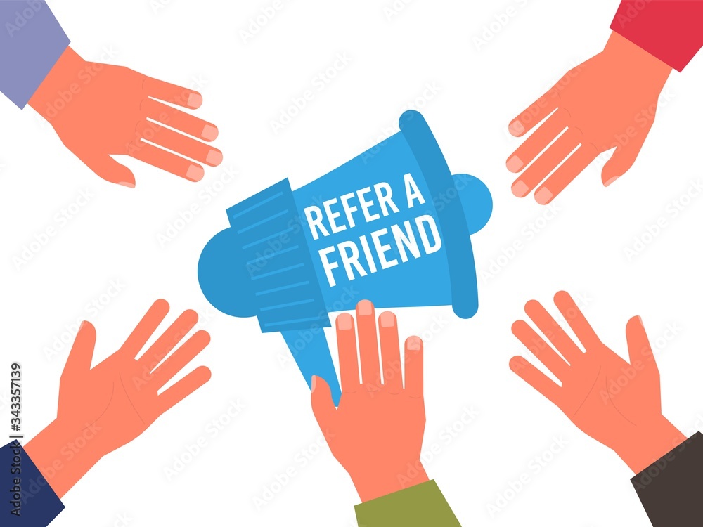 Obraz premium Refer a Friend Poster with Megaphone and Hand.