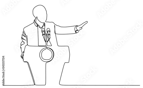 A man is giving a speech on the podium. Continuous one line drawing 
