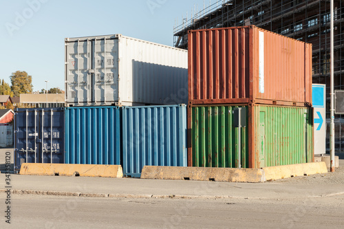 Stacked group of cargo containers is in a port district