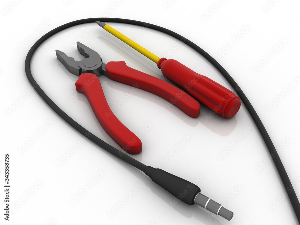 3d rendering aux cable with cutting player and screwdriver 3d rendering aux cable with cutting player and screwdriver
