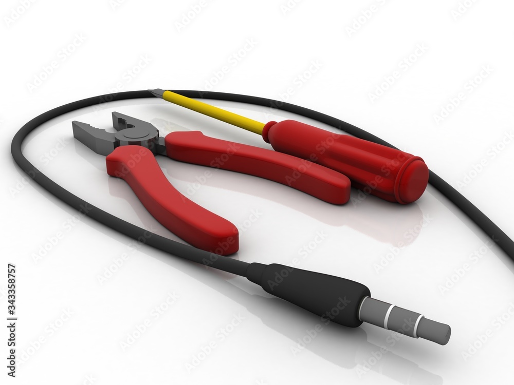 3d rendering aux cable with cutting player and screwdriver 3d rendering aux cable with cutting player and screwdriver