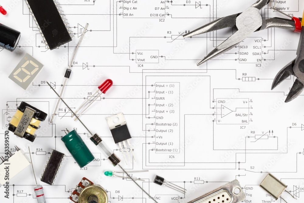 Different electronic parts or components on pcb wiring scheme with ...
