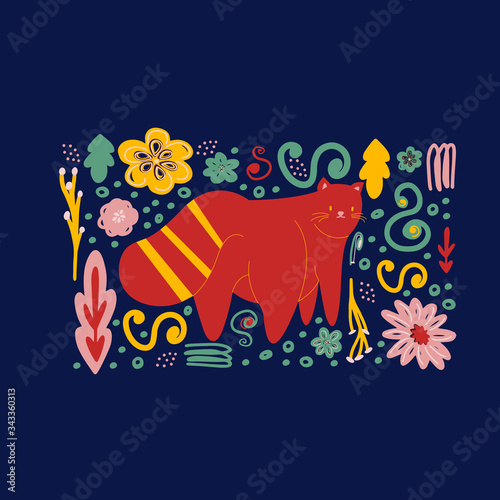 Hand-drawn fat cat. Cartoon animal character in Doodle style. A plump cute red animal looks forward. Colorful vector illustration on an isolated blue background.