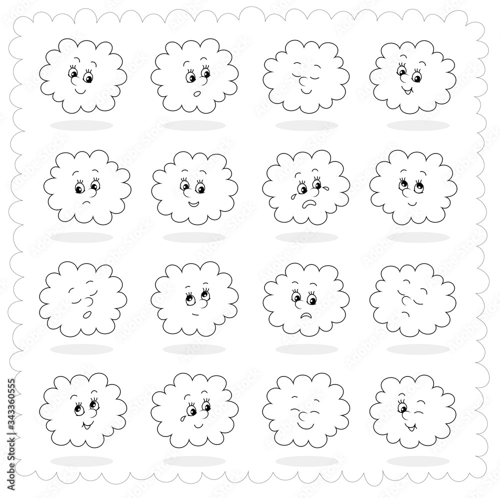 Set of funny rainy cloud emoticons with smiling, sad and many other faces of toy characters with different emotions, black and white vector cartoon illustrations Set of funny rainy cloud emoticons with smiling, sad and many other faces of toy characters with different emotions, black and white vector cartoon illustrations