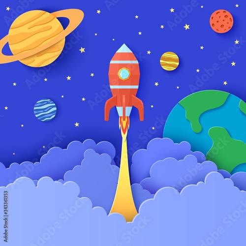 Red rocket launch in space in paper cut style. Galaxy universe landscape 3d craft background. Cardboard cutout planet with craters, Earth, Sun, Saturn, Jupiter, Neptune, Mars . Vector kids card.