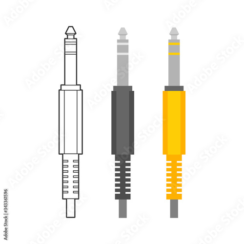 Various electronic wire connectors and inputs, jacks and plugs vector icon set. Three versions of one type of connectors - outline, monohrome and colorful