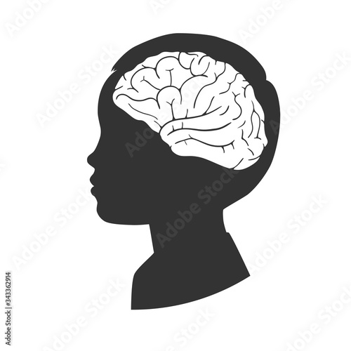 Silhouette of a child with a brain shape isolated on white background. Vector illustration