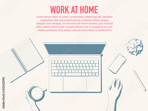 Flatlay with a workplace with copy space. Office desk top view - hands with a cup of coffee, laptop, phone and note. Vector illustration