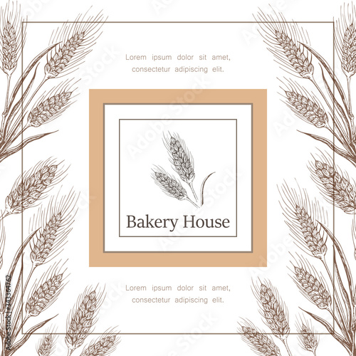 Bakery, pastry shop label, logo, flyer template with wheat ears frame, pretzel and lettering. bakeshop background. vector hand drawn sketch illustration. banner for bakehouse, bread packaging design.