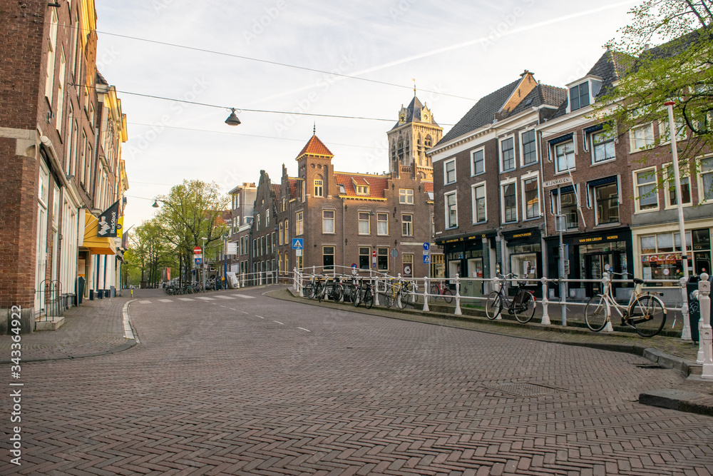 The empty streets of Delft during the corona outbreak in the Netherlands.
