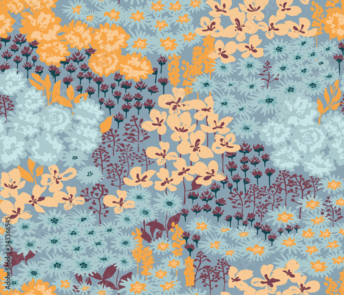 Ditsy flowers meadow seamless background, botanical pattern, vector
