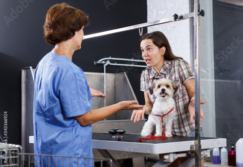 Quadro em tela Woman displeased with haircut of dog