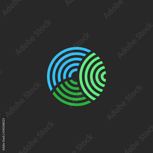 Organic farm logo circle shape, abstract two leaves and sky eco symbol, lines monogram