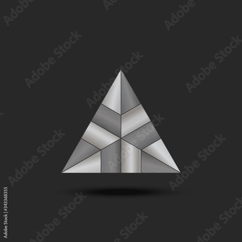 Logo metal triangle futuristic element, complex composite sectional structure with machined steel texture