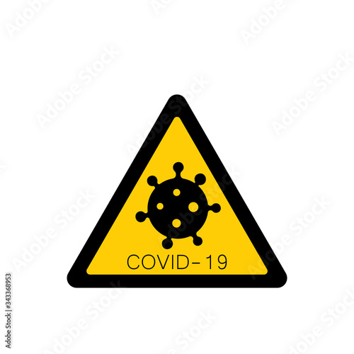 Coronavirus 2019-nCoV. Corona virus attention icon. Yellow triangle sign isolated white background. Pathogen respiratory infection. Bacteria-cell. Influenza pandemic. Corona-virus. Vector illustration