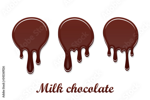 Chocolate drip splash set. Chocolate liquid blot isolated white background. Shape melt dessert spot. 3D realistic stain element. Food decoration. Milk, dark chocolate splashing. Vector illustration