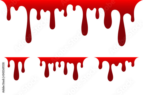 Blood drip set. Drop blood isloated white background. Happy Halloween decoration design. Red splatter stain splash spot, horror blot. Bleeding bloodstain scare texture Liquid paint. Vector illustraton