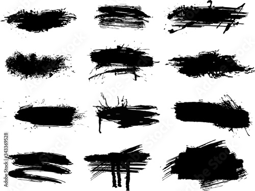 Ink splashes stencil - vector set. High quality manually traced. Black inked splatter dirt stain splatter spray splash with drops blots isolated. Vector grunge silhouette collection color dirty liquid