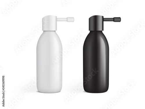 white and black plastic bottle for ear spray isolated on white background mock up template 