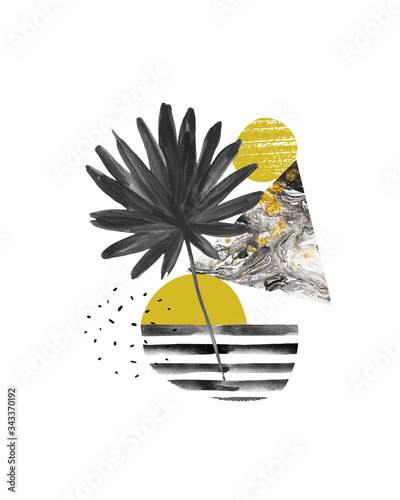 Art illustration with palm tree, palm leaves, doodle, marble, grunge textures...
