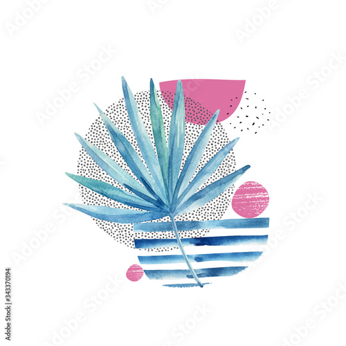 Geometric collage layout: fan palm leaf, circles with doodles, stripes isolat...
