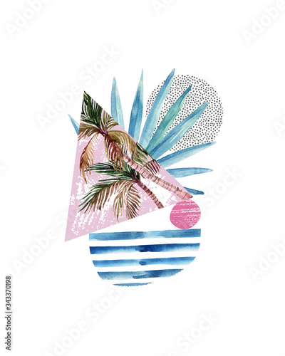 Geometric collage layout: fan palm leaf, palm trees, triangles with grunge te...