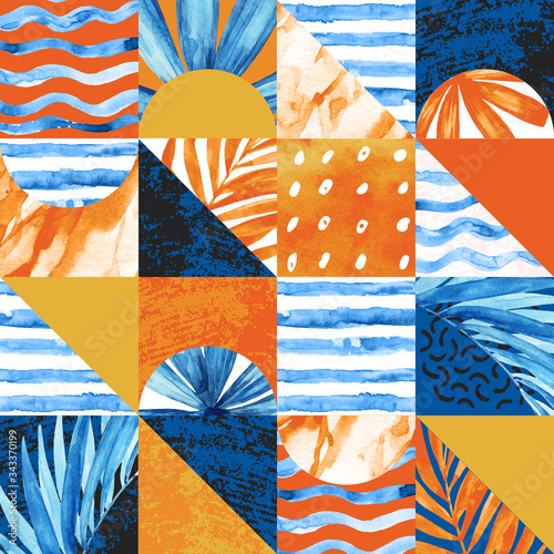 Geometric minimal seamless pattern with squares, triangles, shape, watercolor...