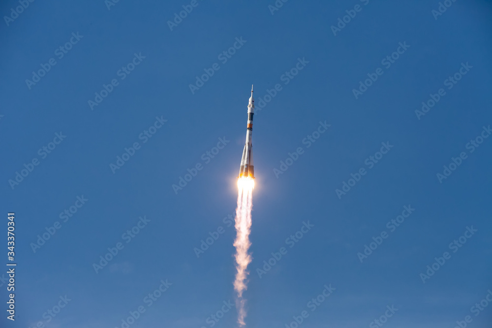 Baikonur, Russia - 10.23.12: Rocket Soyuz in the blue sky