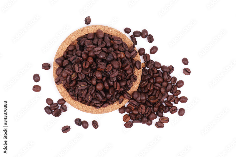 Coffee beans isolated on a white background. Top view. Medium, high and light degree of roasting grains. Coffee beans isolated on a white background. Top view. Medium, high and light degree of roasting grains.