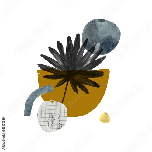 Modern exotic illustration with tropical palm leaf, grainy grunge textures, d...