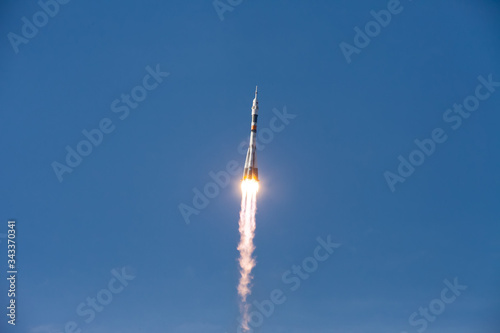 Baikonur, Russia - 10.23.12: Rocket Soyuz in the blue sky