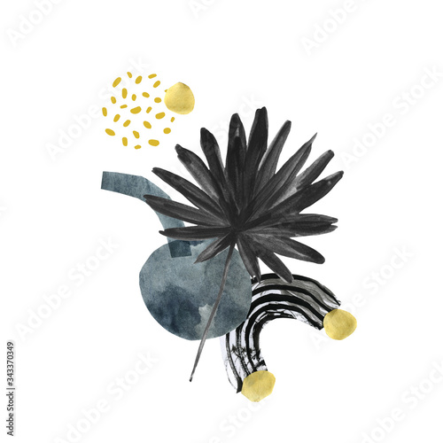 Modern exotic illustration with tropical palm leaf, grainy grunge textures, d...