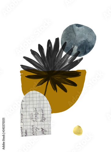 Modern exotic illustration with tropical palm leaf, grainy grunge textures, d...