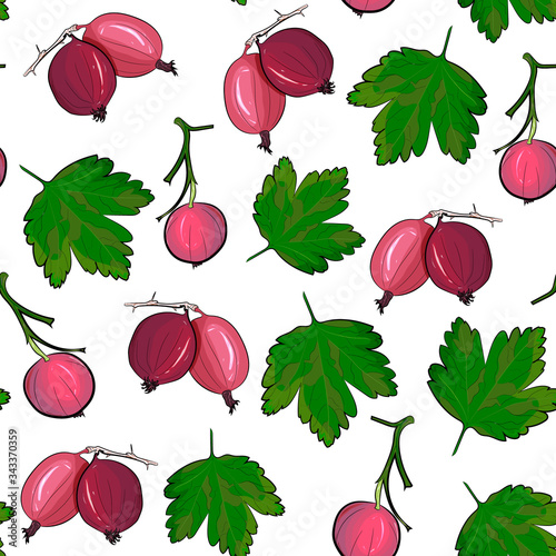 Ripe gooseberries seamless pattern. Summer berry background with berries. vector illustration, hand-drawing.