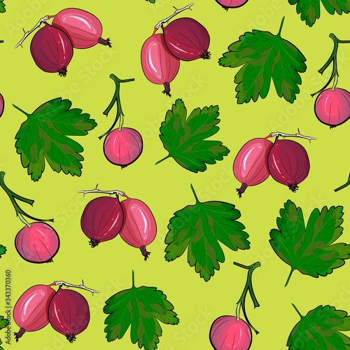 Ripe gooseberries seamless pattern. Summer berry background with berries. vector illustration, hand-drawing.