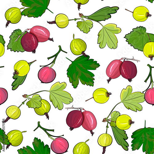 Ripe gooseberries seamless pattern. Summer berry background with berries. vector illustration, hand-drawing.
