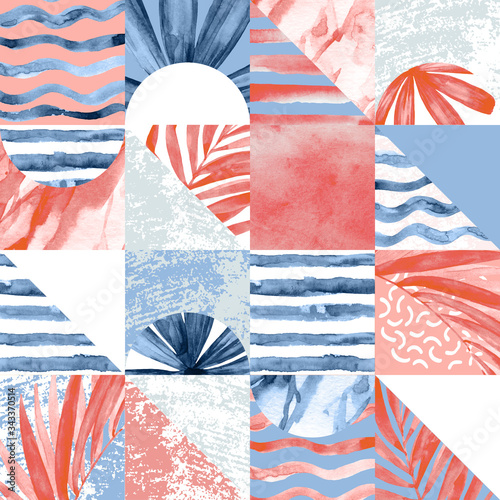 Geometric minimal seamless pattern with squares, triangles, shape, watercolor...